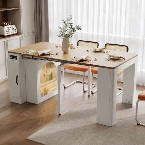Ilot Central Ilot De Cuisine Avec LED, 2 Portes Et Table Extensible Blanc