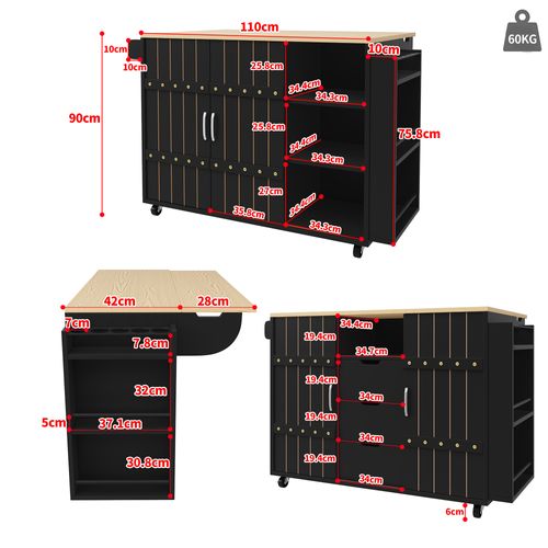 Ilot Central Ilot De Cuisine Avec 2 Portes Coulissantes Et 3 Tiroirs Noir
