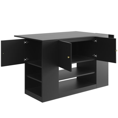 Ilot Central Ilot De Cuisine Avec 3 Portes, 2 Tiroirs Et Bureau Pliable Noir