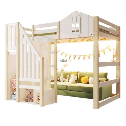 Lit Mezzanine 140x200cm Avec LED, Escaliers Et Rideaux De Gaze Blanc Et Imitation Chêne