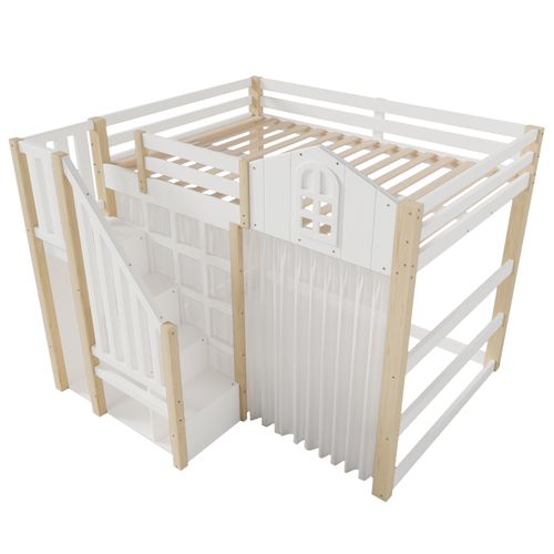 Lit Mezzanine 140x200cm Avec LED, Escaliers Et Rideaux De Gaze Blanc Et Imitation Chêne