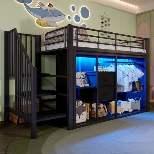 Lit Mezzanine 90x200cm Avec LED, 2 Tiroirs Et Espace Penderie Noir