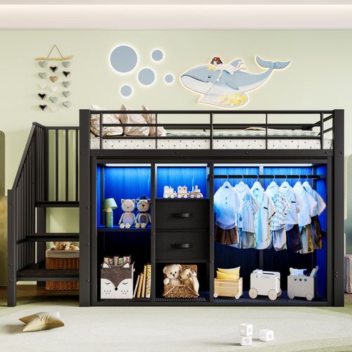 Lit Mezzanine 90x200cm Avec LED, 2 Tiroirs Et Espace Penderie Noir