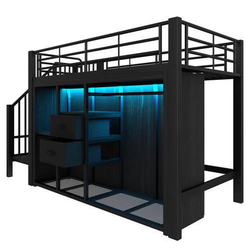 Lit Mezzanine 90x200cm Avec LED, 2 Tiroirs Et Espace Penderie Noir