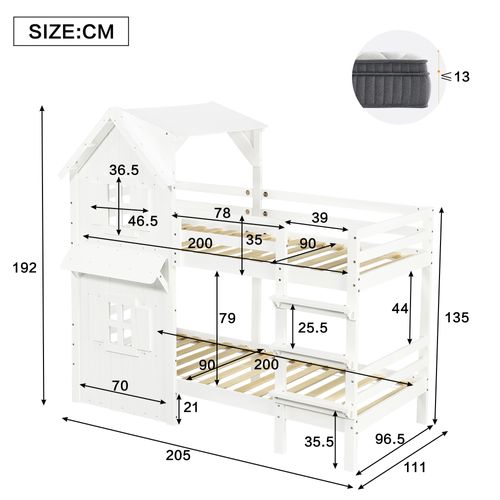 Lit Superposé Lit Cabane 2x90x200cm Blanc