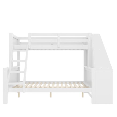 Lit Superposé 140x200cm+90x200cm Avec Bureau, Étagères Et 3 Tiroirs Blanc