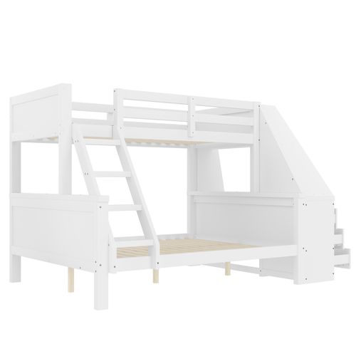 Lit Superposé 140x200cm+90x200cm Avec Bureau, Étagères Et 3 Tiroirs Blanc