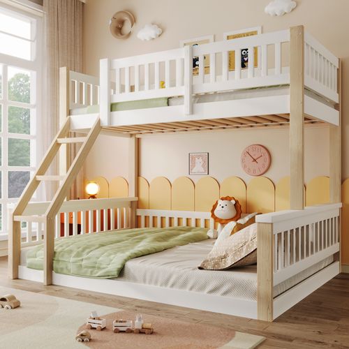 Lit Superposé 140x200cm+90x200cm Blanc Et Imitation Chêne