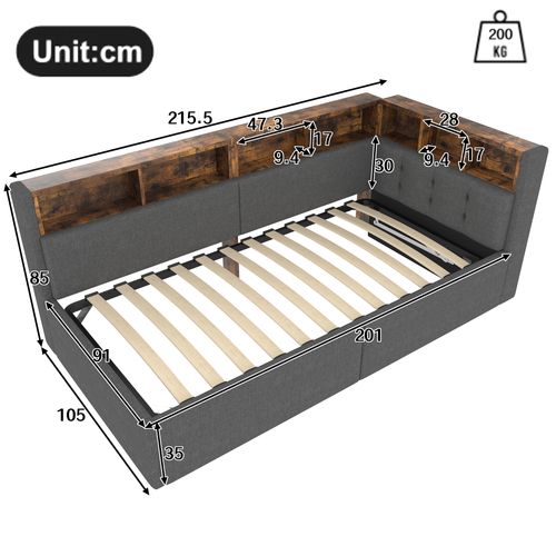 Lit Coffre 90x200cm Avec LED, USB Et Plusieurs Compartiments De Rangement Lin Gris