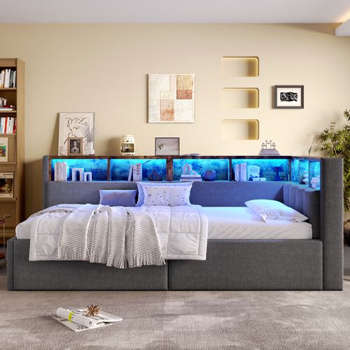 Lit Coffre 90x200cm Avec LED, USB Et Plusieurs Compartiments De Rangement Lin Gris