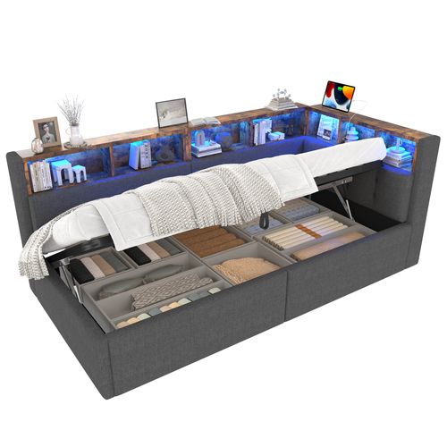 Lit Coffre 90x200cm Avec LED, USB Et Plusieurs Compartiments De Rangement Lin Gris