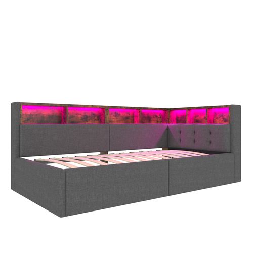Lit Coffre 90x200cm Avec LED, USB Et Plusieurs Compartiments De Rangement Lin Gris