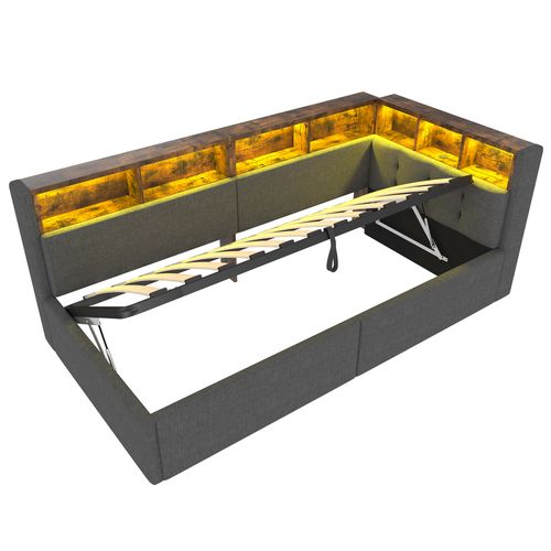 Lit Coffre 90x200cm Avec LED, USB Et Plusieurs Compartiments De Rangement Lin Gris