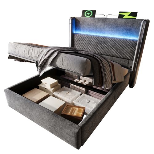 Lit Coffre 90x200cm Avec LED, USB Lin Gris