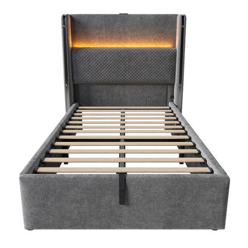 Lit Coffre 90x200cm Avec LED, USB Lin Gris