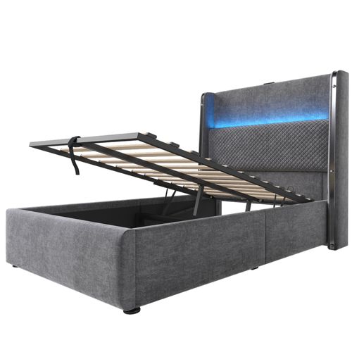 Lit Coffre 90x200cm Avec LED, USB Lin Gris