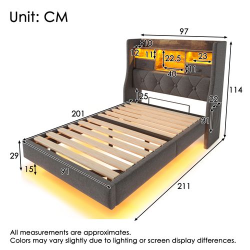 Lit 90x200cm Avec LED, USB Et Tête De Lit Avec Rangement Lin Girs