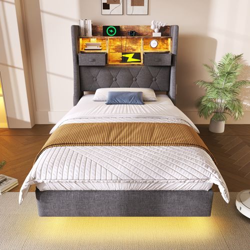 Lit 90x200cm Avec LED, USB Et Tête De Lit Avec Rangement Lin Girs