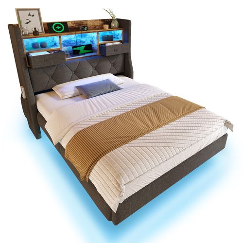 Lit 90x200cm Avec LED, USB Et Tête De Lit Avec Rangement Lin Girs