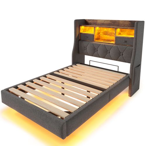 Lit 90x200cm Avec LED, USB Et Tête De Lit Avec Rangement Lin Girs