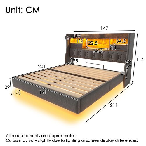 Lit 140x200cm Avec LED, USB Et Tête De Lit Avec Rangement Lin Girs