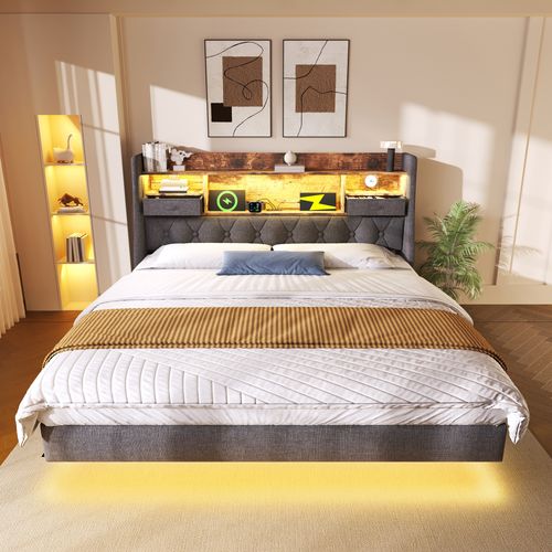 Lit 140x200cm Avec LED, USB Et Tête De Lit Avec Rangement Lin Girs