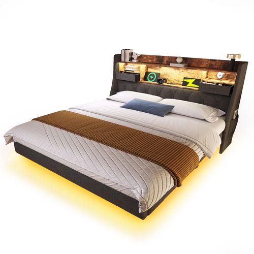 Lit 140x200cm Avec LED, USB Et Tête De Lit Avec Rangement Lin Girs