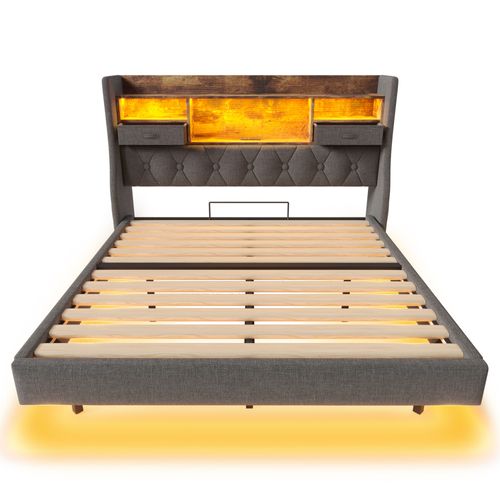 Lit 140x200cm Avec LED, USB Et Tête De Lit Avec Rangement Lin Girs