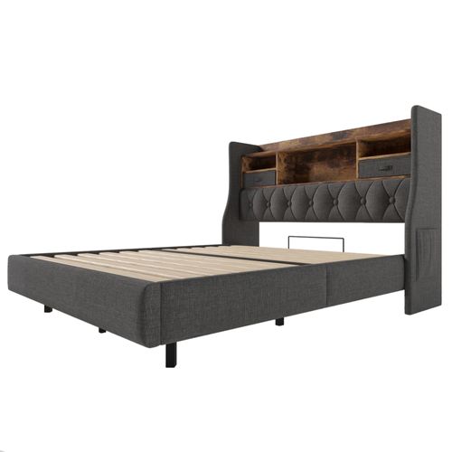 Lit 140x200cm Avec LED, USB Et Tête De Lit Avec Rangement Lin Girs