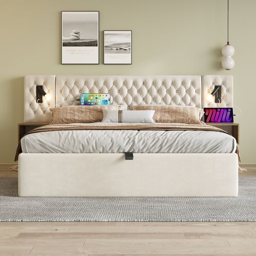 Lit Coffre 160x200cm Avec 2 Tables De Chevet Et Lampes De Lecture Velours Beige