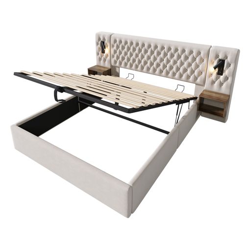 Lit Coffre 160x200cm Avec 2 Tables De Chevet Et Lampes De Lecture Velours Beige