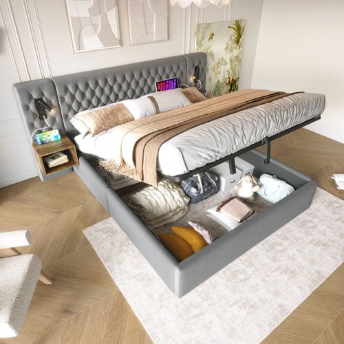 Lit Coffre 160x200cm Avec 2 Tables De Chevet Et Lampes De Lecture Velours Gris
