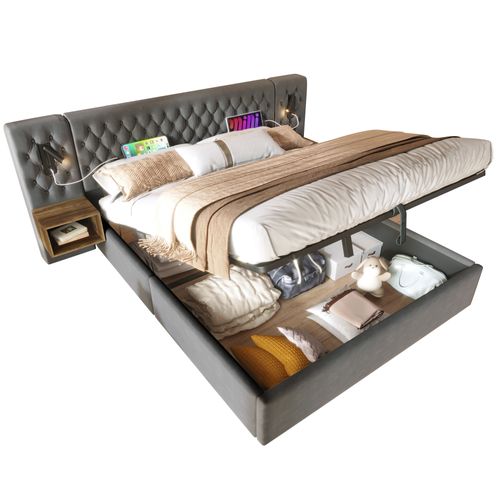 Lit Coffre 160x200cm Avec 2 Tables De Chevet Et Lampes De Lecture Velours Gris