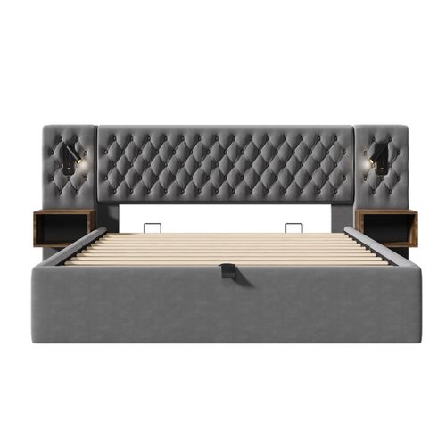 Lit Coffre 160x200cm Avec 2 Tables De Chevet Et Lampes De Lecture Velours Gris
