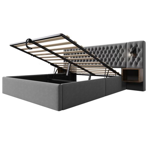 Lit Coffre 160x200cm Avec 2 Tables De Chevet Et Lampes De Lecture Velours Gris