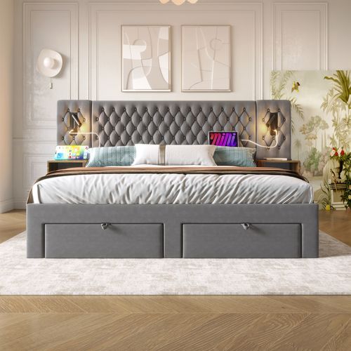 Lit 180x200cm Avec 4 Tiroirs, 2 Tables De Chevet Et Lampes De Lecture Velours Gris