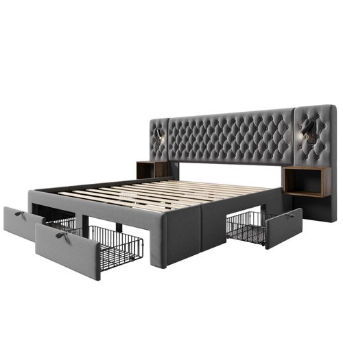 Lit 180x200cm Avec 4 Tiroirs, 2 Tables De Chevet Et Lampes De Lecture Velours Gris