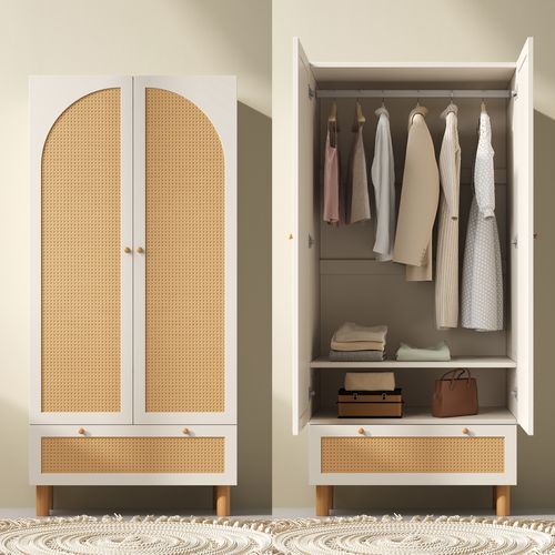 Armoire Avec 2 Portes Et 1 Tiroir En Rotin Blanc