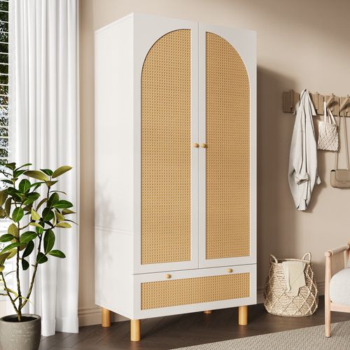 Armoire Avec 2 Portes Et 1 Tiroir En Rotin Blanc
