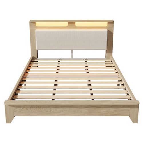 Lit En Bois 180x200cm Avec LED Et Sommier Imitation Chêne