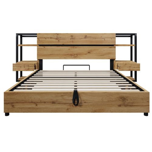 Lit Coffre Lit En Bois 180x200cm Avec 2 Tables De Chevet Et USB Imitation Chêne