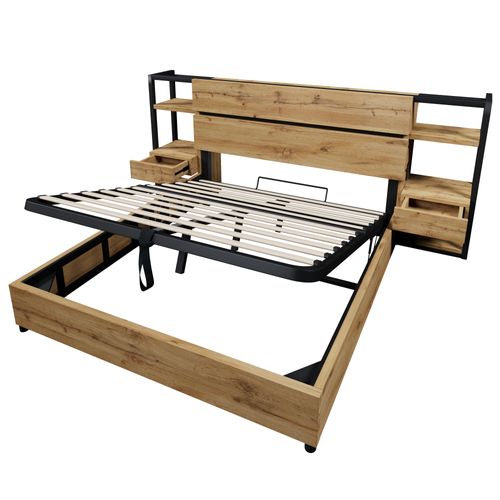 Lit Coffre Lit En Bois 180x200cm Avec 2 Tables De Chevet Et USB Imitation Chêne