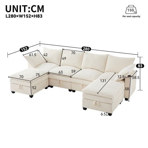 Canapé Angle Fixe 5-6 Places Avec USB, Porte-gobelet Et 6 Espaces De Rangement Beige