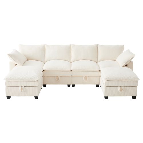 Canapé Angle Fixe 5-6 Places Avec USB, Porte-gobelet Et 6 Espaces De Rangement Beige