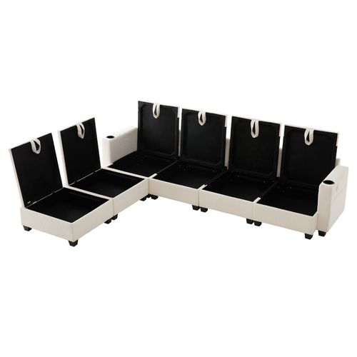 Canapé Angle Fixe 5-6 Places Avec USB, Porte-gobelet Et 6 Espaces De Rangement Beige