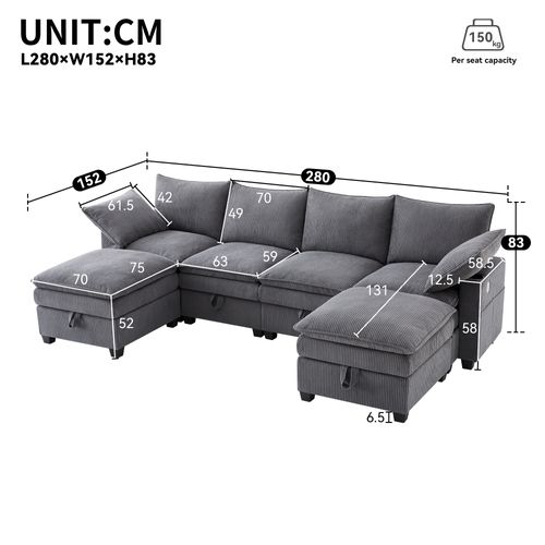 Canapé Angle Fixe 5-6 Places Avec USB, Porte-gobelet Et 6 Espaces De Rangement Gris