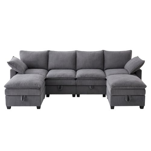 Canapé Angle Fixe 5-6 Places Avec USB, Porte-gobelet Et 6 Espaces De Rangement Gris