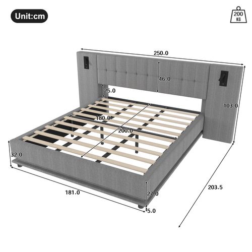 Lit 180 X 200 Cm Avec LED, USB Et Sommier Lin Gris