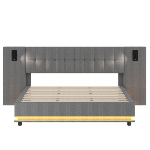 Lit 180 X 200 Cm Avec LED, USB Et Sommier Lin Gris