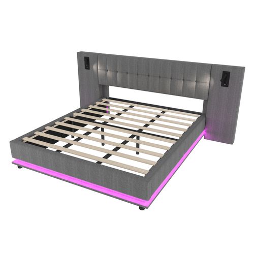 Lit 180 X 200 Cm Avec LED, USB Et Sommier Lin Gris